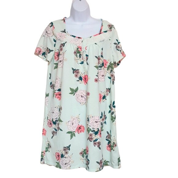 Adonna Womens Nightgown Small Soft Knit Green Floral Short Sleeve Knee Length - Picture 1 of 7